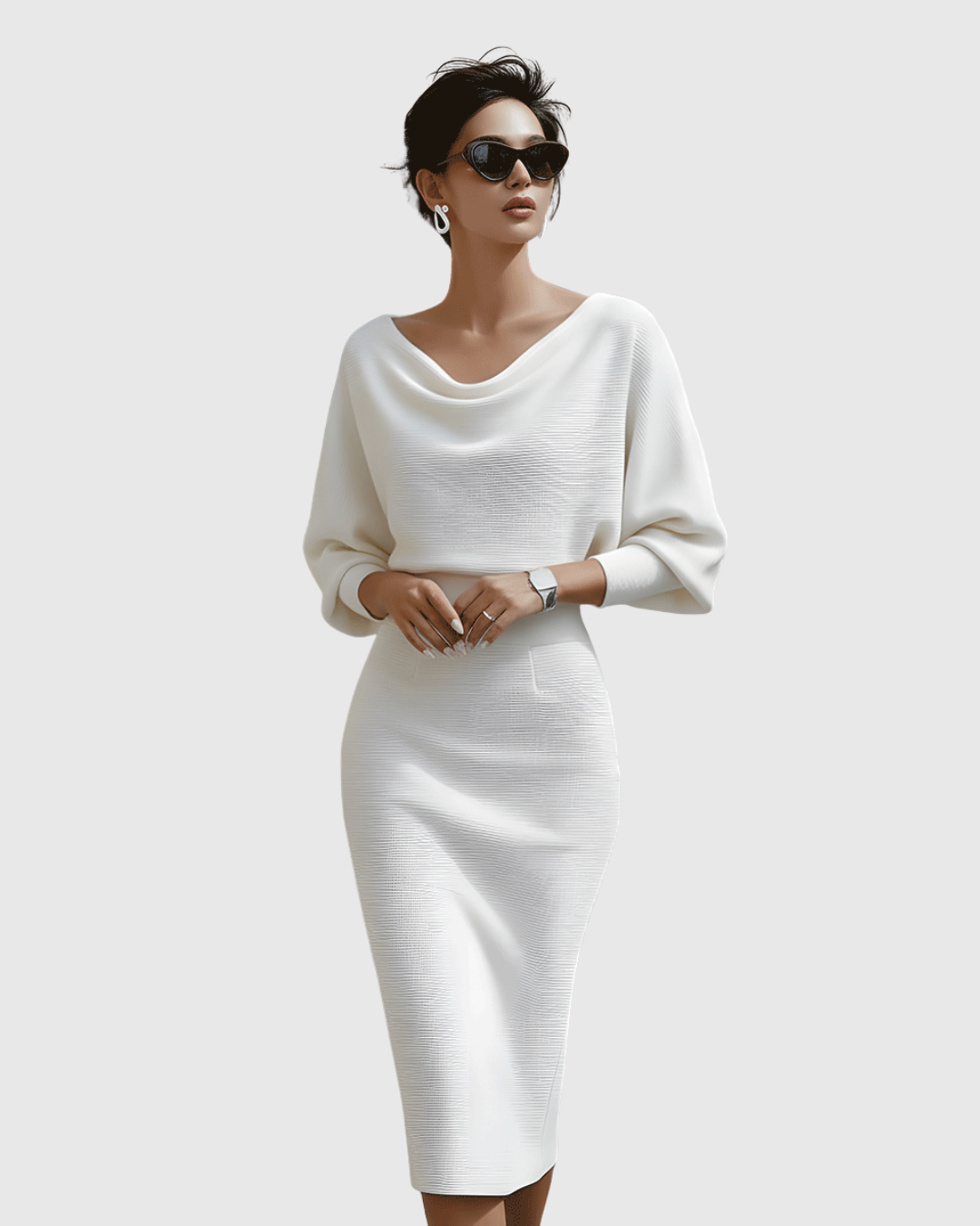 Ismeria | Robe Midi Drapée à Manches Chauve-Souris Blanche