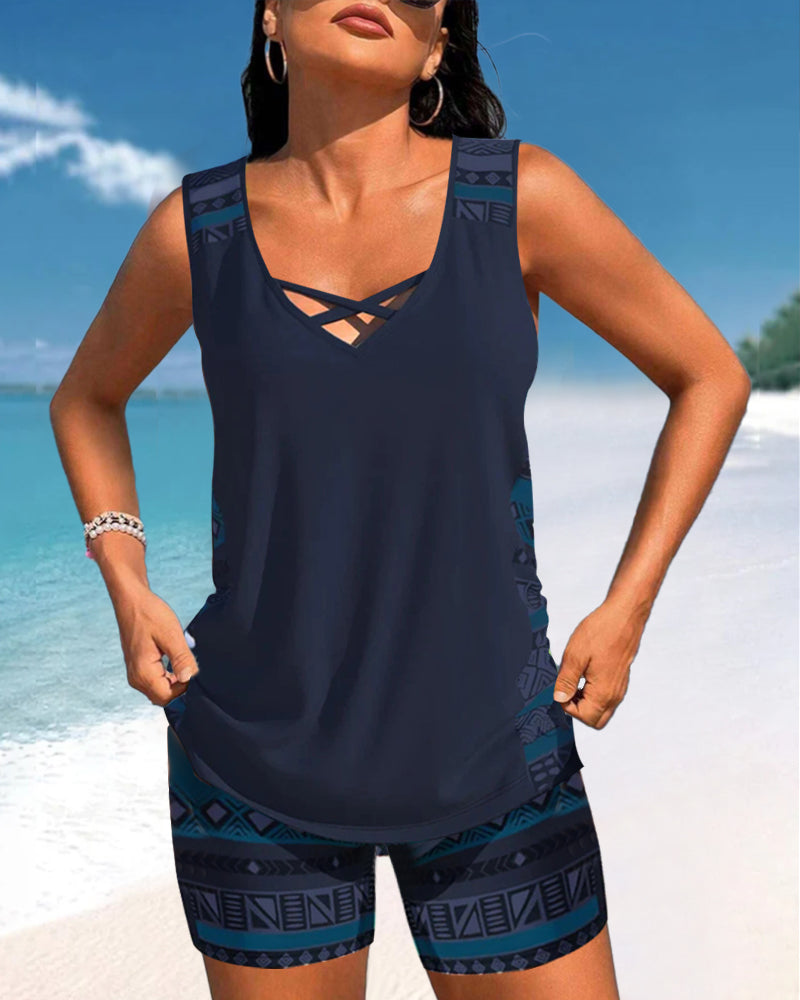 Tankinis avec motif géométrique et décolleté en V