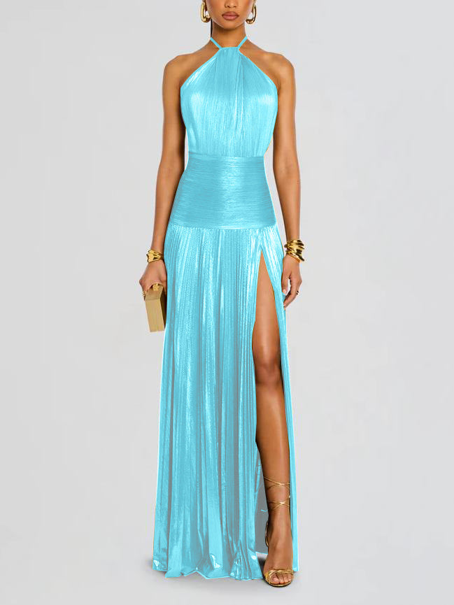 Robe Halter Plissée Métallique Tendance