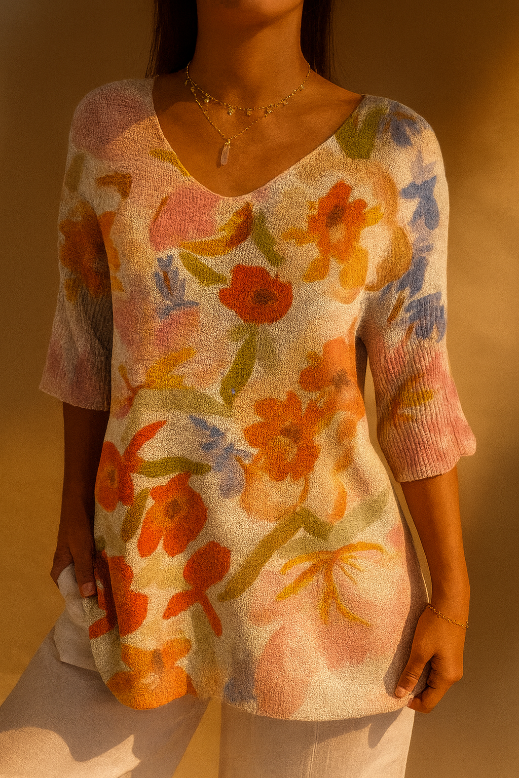 Pull Vintage à Motif Floral pour Femmes
