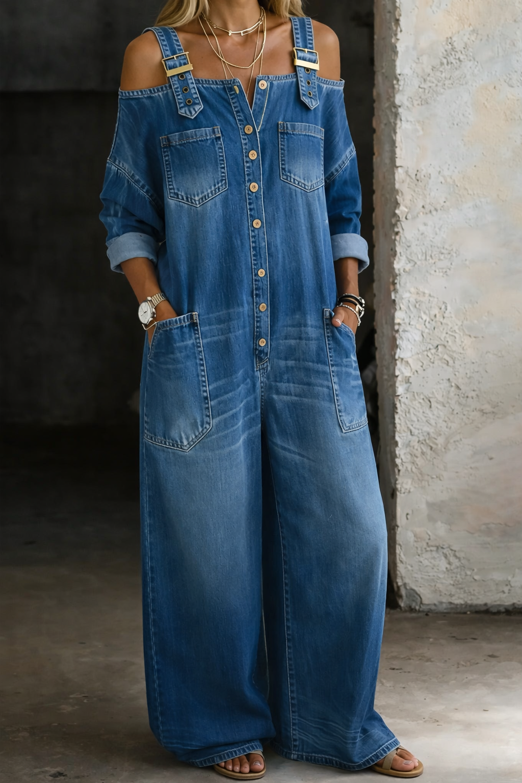 Sophia | Combinaison en denim à épaules dénudées