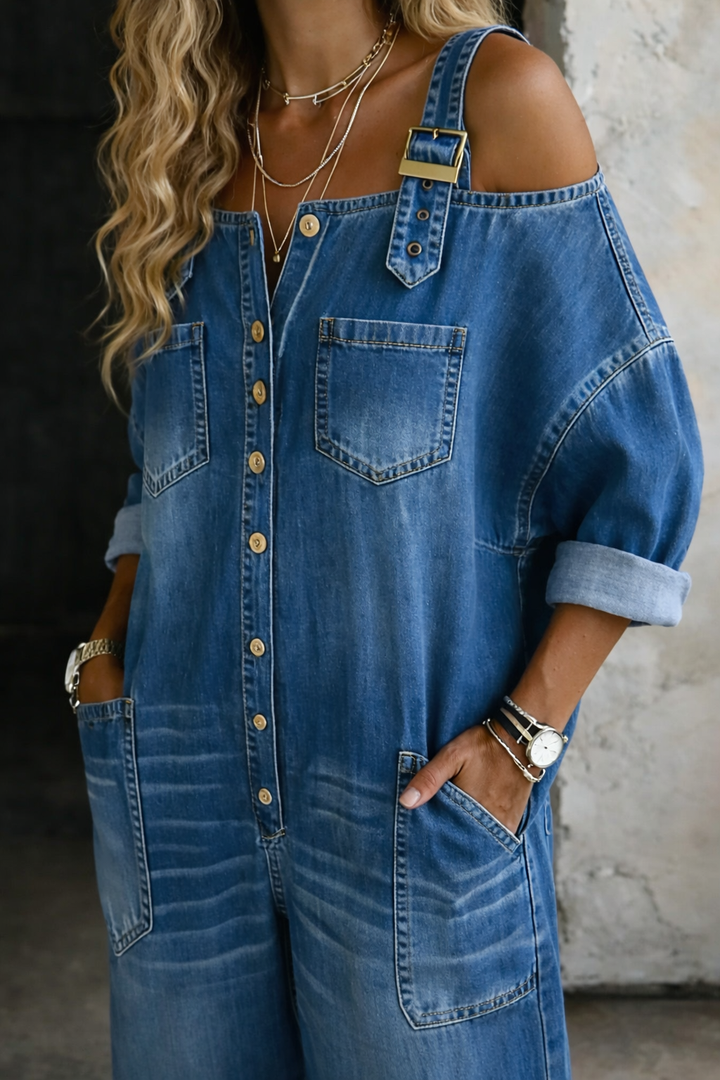 Sophia | Combinaison en denim à épaules dénudées