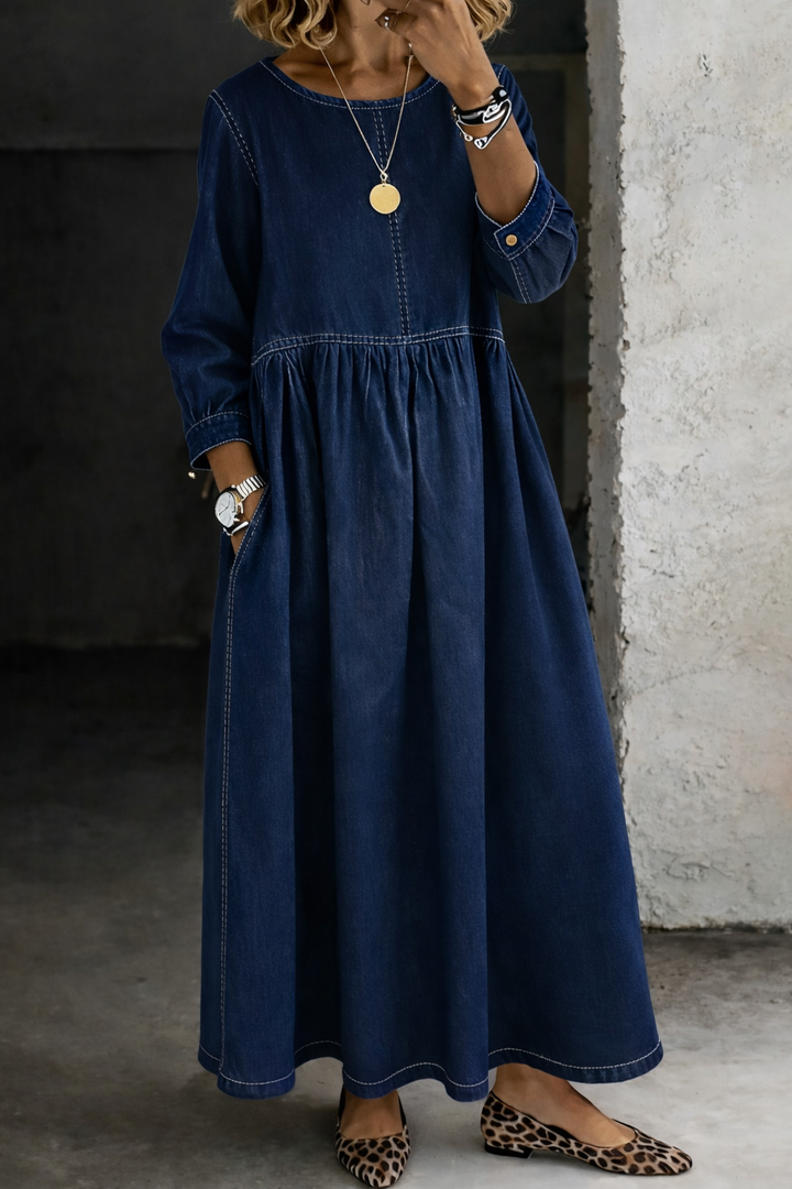 Melissa | Robe en Jean à Col Rond et Manches Longues