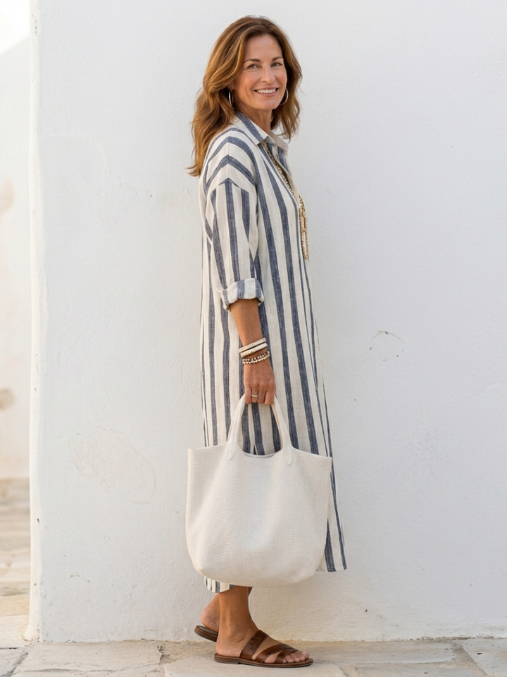 Naomi | Robe chemise mi-longue élégante et confortable à manches longues et rayures