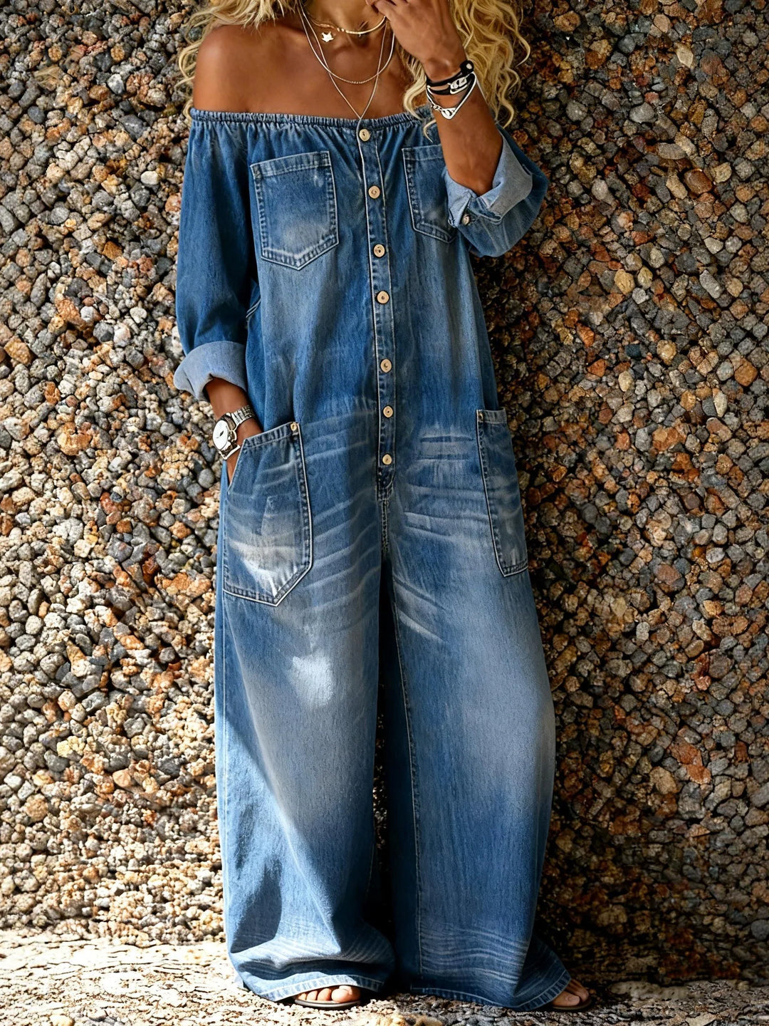 Noa | Combinaison en Jean avec Décolleté Off-Shoulder