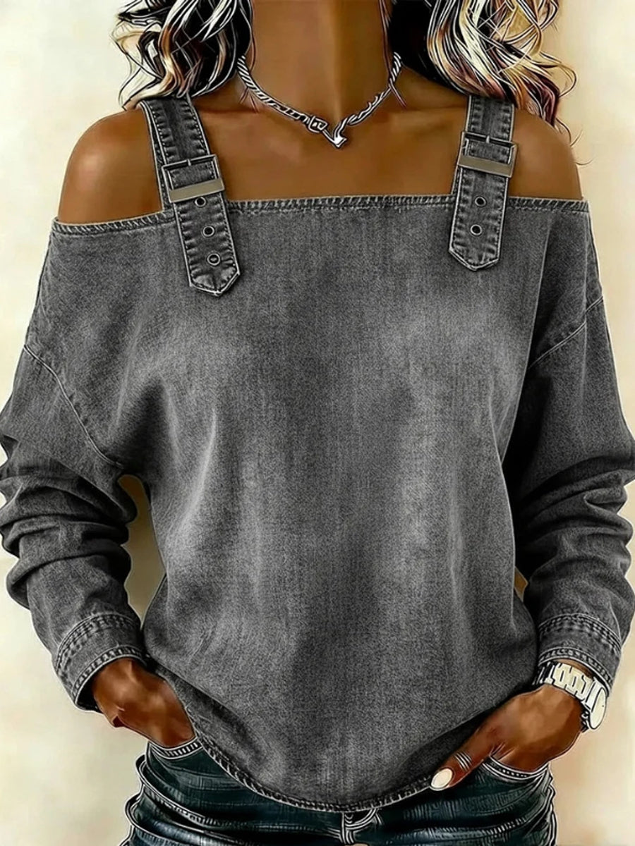 Sandra | Haut en denim à manches longues dénudées